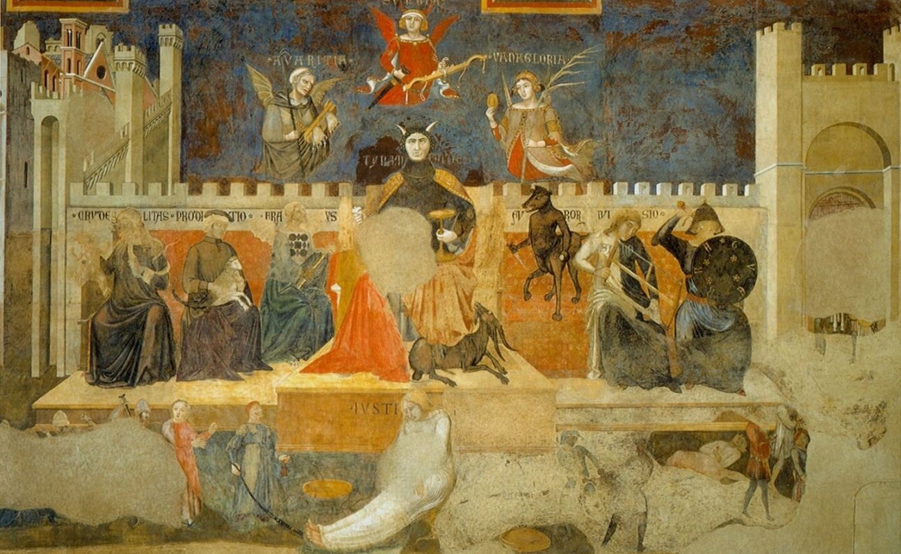 On this fresco, the allegoria represents the effects of the bad government. Trump is on the center as the devil, in greek diabolos is the one who divides.